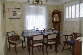 Overview Dining Room Walnut Table & Chairs, China Cabinet, Grandfather Clock, Fostoria Americana, Art, Silver Items