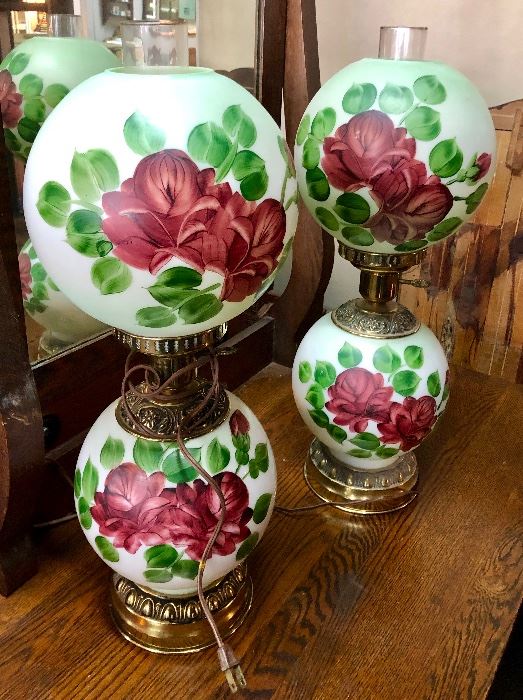 2 Matching Antique Globe Hand Painted Lamps