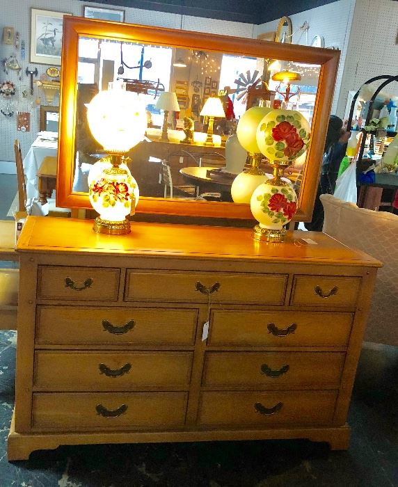 Vintage, c.1960's, "LINK TAYLOR" 9-drawer Dresser & Mirror, "Harvest Oak"