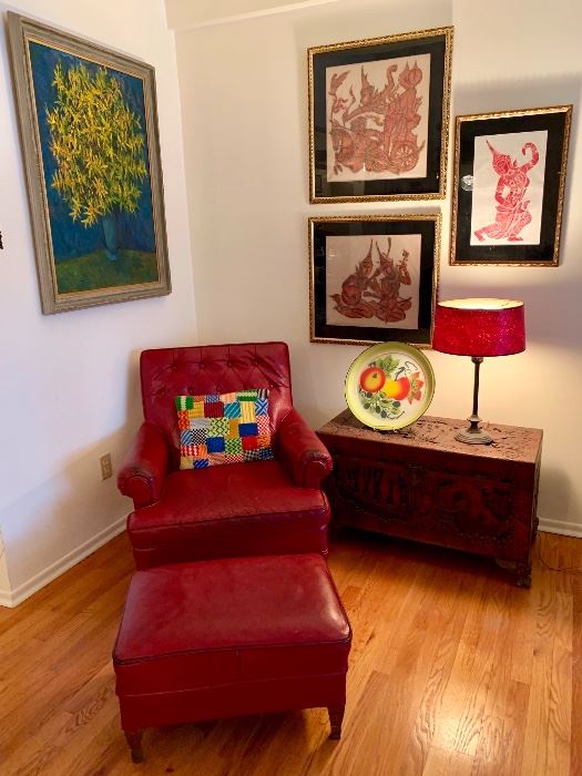 Vintage finds! Awesome temple rubbings, carved wooden trunk, red leather chair with ottoman, large original floral still life. 
