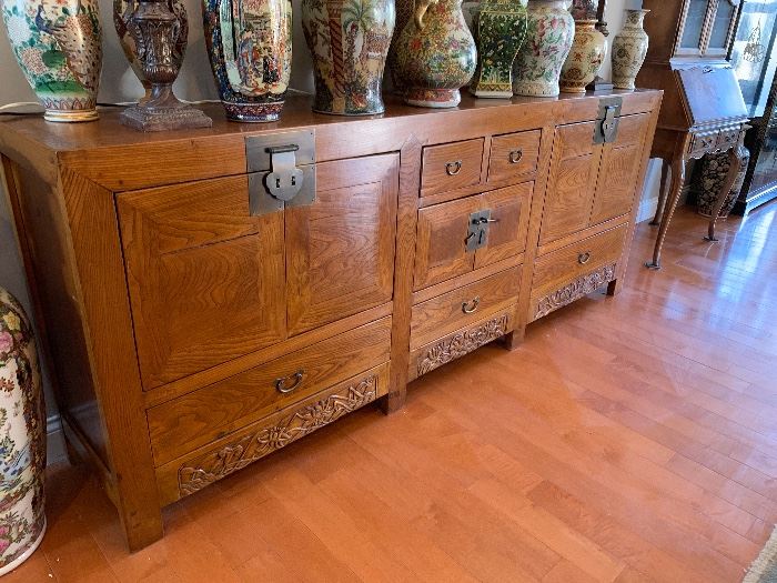 Stunning Chinoiserie sideboard measures 94”Wx37”H