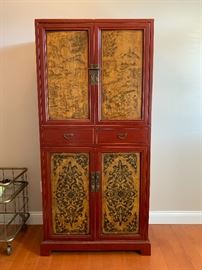Red Chinoiserie Hand-painted storage cabinet...there are two! They measure 34.5”W x 73”H