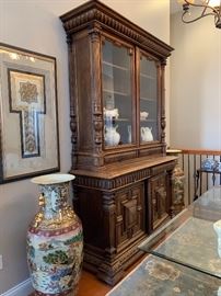 Vintage wood carved hutch measures 61”W x 98”H
