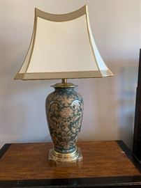 Pair of brass and enamel lamps