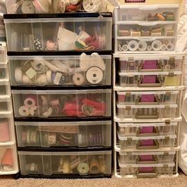 Drawers and containers full of thread, ribbon, fabric, buttons, spools, lace beads, crafting supplies, and more!