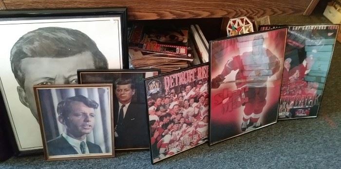 Red Wings framed pictures and John f Kennedy pictures