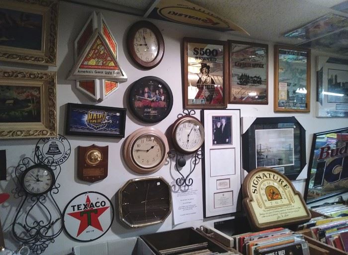Assorted wall pictures and clocks