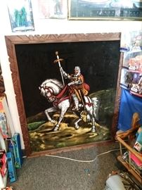 Large 1970's velvet knight on a horse picture 