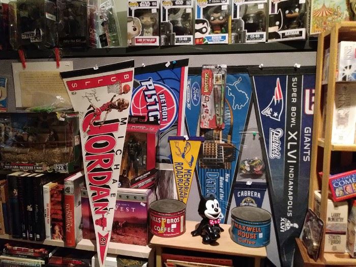 Sports pennants...Funco pops....Vintage coffee cans...other