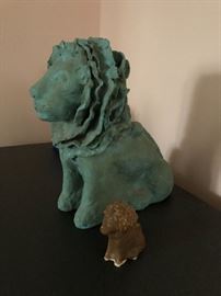 Large & Small Artisan Made Clay Pottery Lion Scuptures