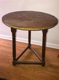 Round Table With a Hammered Copper Top & Wooden Tri Legged Base