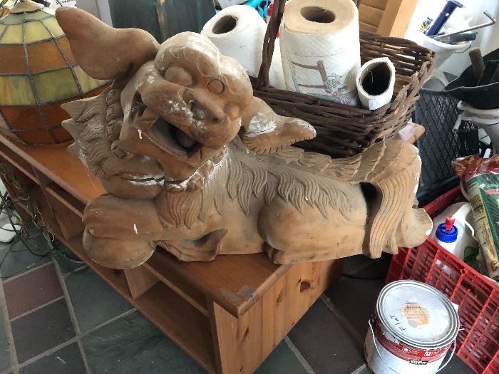 Antique Chinese Hand Carved Wooden Foo Dog