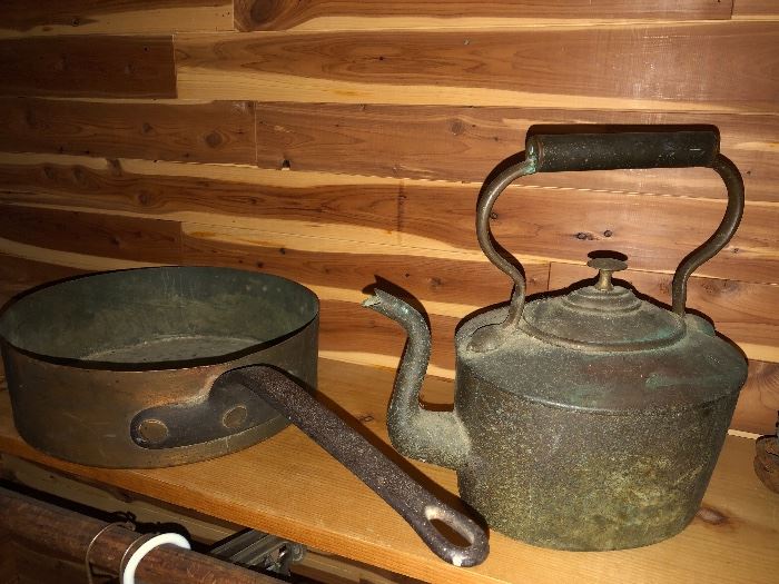 Very Early Dovetailed Copper Teapot and Frying Pan