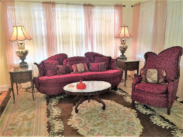 French style sofa with matching chair and marble top coffee table