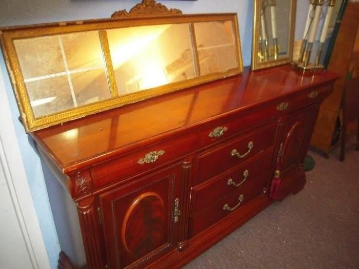 cherry sideboard, gold mirrors