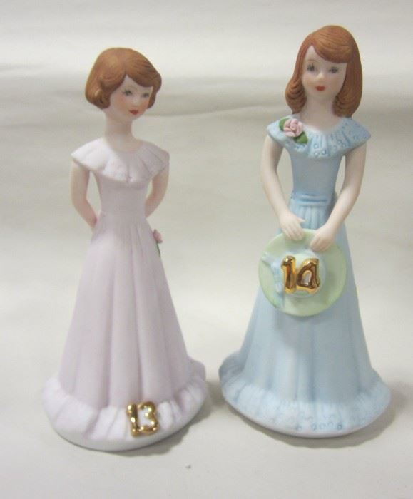 PAIR OF "GROWING UP" BIRTHDAY GIRL FIGURINES, AGES 13 & 14