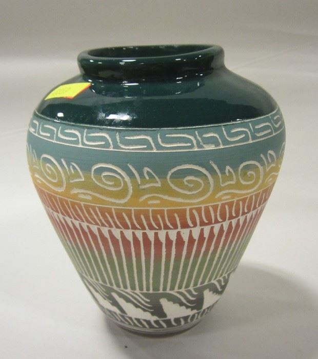 SOUTHWEST POTTERY SIGNED VASE WITH CARVING. 6" TALL