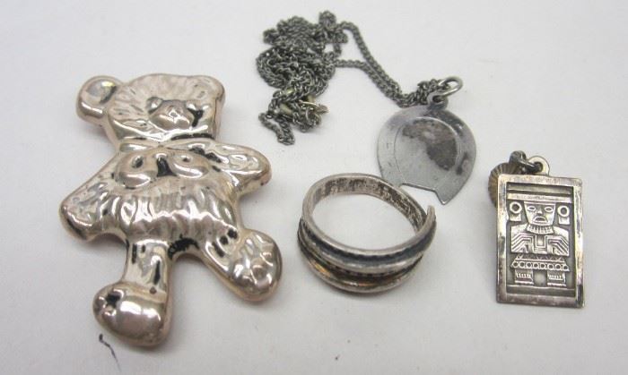STERLING JEWELRY: TEDDY BEAR PIN/PENDANT, CAST RING, SINGLE EARRING, AND TIFFANY & CO HORSESHOE PENDANT