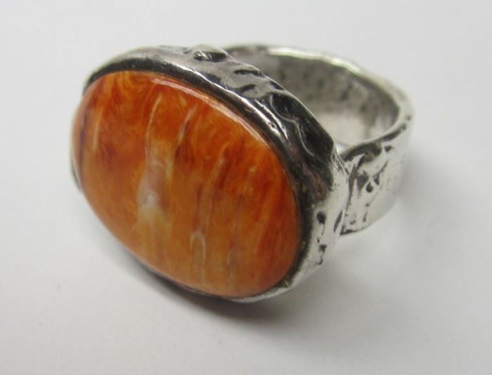 MODERN BRUTALIST STYLE STERLING RING WITH ORANGE "TURQUOISE" STONE