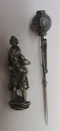 STERLING: ANTIQUE LAPEL PIN AND 1.5" TALL MYTHICAL FIGURE OF MAN/LION CARRYING CHILD ON SHOULDERS