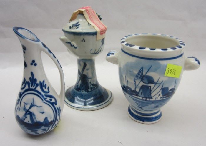 DELFT PORCELAIN: TWO SMALL VASES AND LIQUOR BOTTLE. EWER SHAPED VASE IS 4.25" TALL
