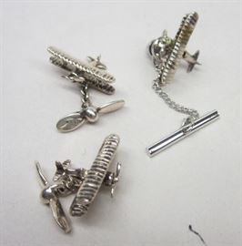 STERLING SILVER CUFFLINK AND TIE TAC SET MADE IN THE FORM OF BIPLANES