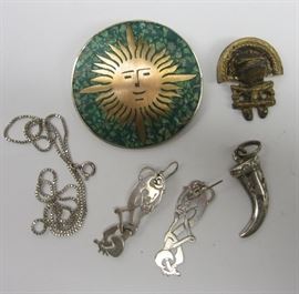 STERLING JEWELRY: MEXICAN PIN/ PENDANT, TOOTH PENDANT, PAIR OF CUT OUT EARRINGS, AND SAND CAST FIGURE. 1.61 TROY OZ