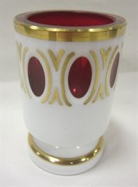 MILK GLASS CUT TO CRANBERRY FOOTED TOOTHPICK HOLDER. 3.25"