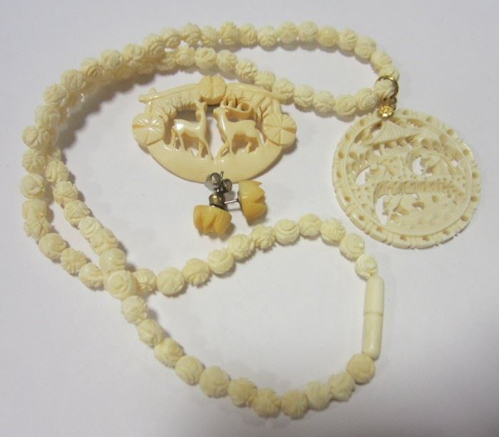 CARVED BONE NECKLACE, PIN AND EARRINGS