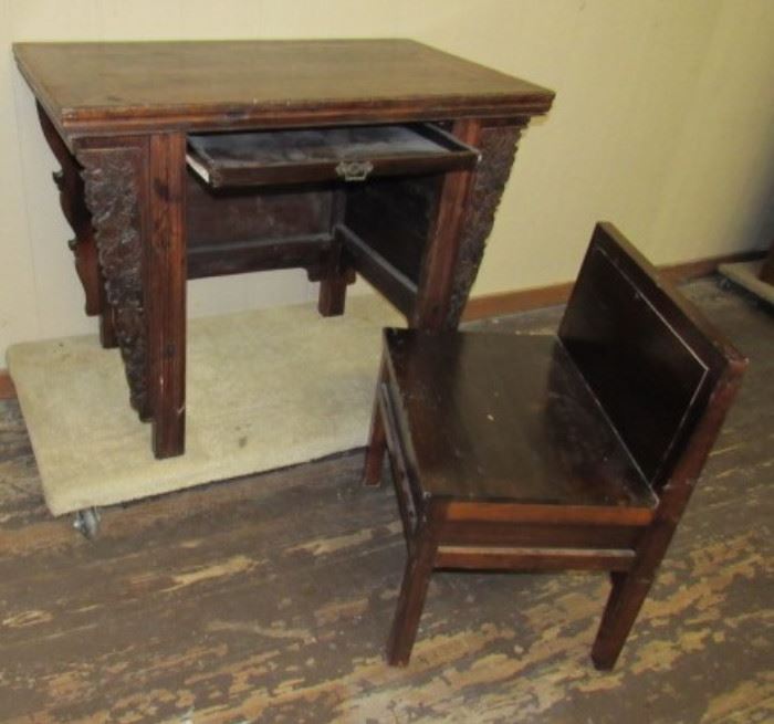 Unique Ornate Oak Desk w/Pull Out Chair