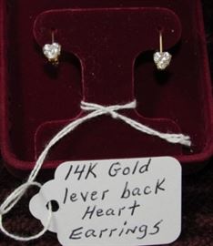 14K Gold, Lever Back Heart Earrings