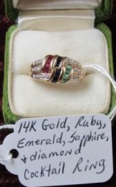 14K Gold, Ruby, Emerald, Sapphire & Diamond Cocktail Ring w/Appraisal 