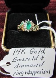 14K Gold, Emerald & Diamond Ring w/Appraisal 