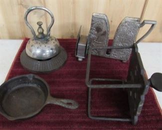 Collectibles - Hotel Desk Bell - Cigarette Holder - Iron Quilt Clamp - Cast Iron 00 Mini Skillet