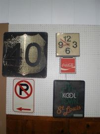 Highway 40 sign, Coca-Cola clock, Kool town St.Louis lighted sign, etc.