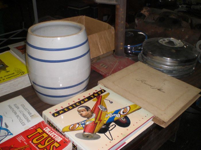 blue band ice water crock, toy reference books, etc.
