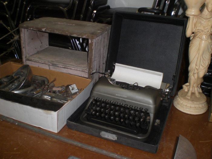 vindage typewriter with case, Jaguar parts, etc.