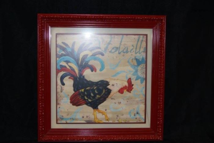 Large Famed Picture Rooster With Red Frame NEAT