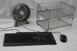 Office Lot Fan, Keyboard, Mouse, and Metal Stora ...