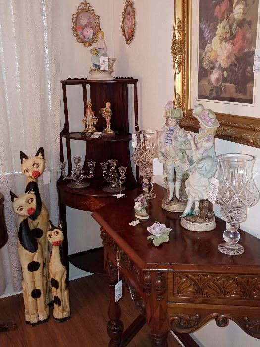 Corner Curio and Carved Wood Entrance Table
