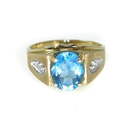10K GOLD BLUE TOPAZ & DIAMOND MEN'S RING