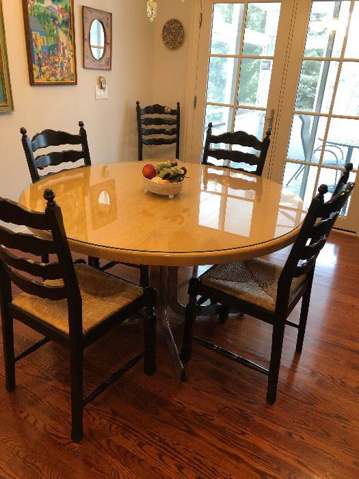 Kitchen Round Table 53" with 6 Ladder back chairs with Rush seats, Chrome base and glass over wood top BUY IT NOW $895