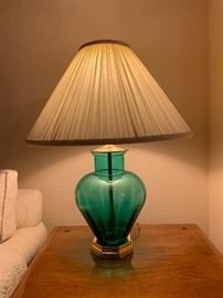 Set of 2 Ethan Allen lovely green glass lamps