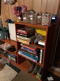 bookcase, board games, vintage canning jars
