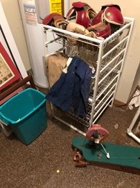 vintage football pads, wooden scooter