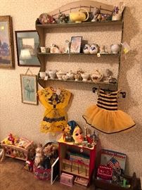 vintage Halloween costumes, vintage framed prints, hanging shelf, vintage toys