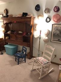 rocker, ladies hats, hutch style headboard