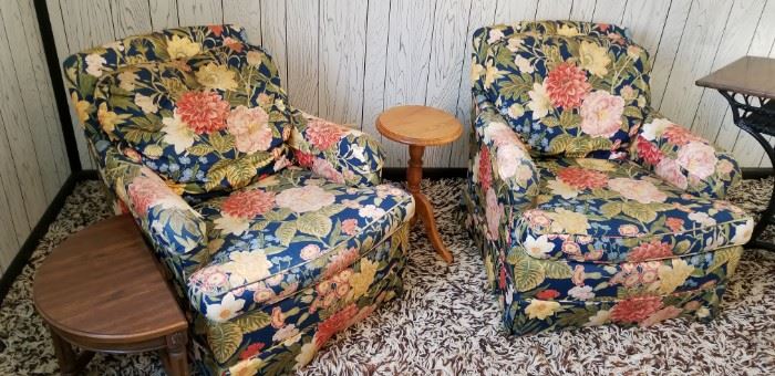 Upholstered floral chairs, side tables