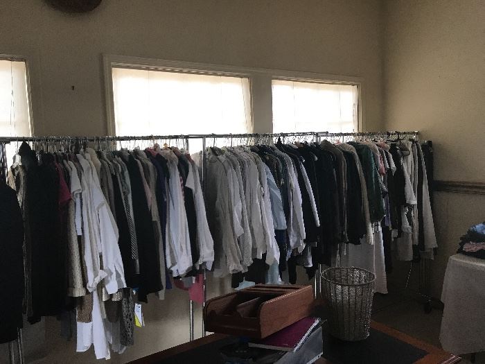 6 dress racks and three tables full of $10.00 each piece clothing.  Eileen Fisher, Calvin Klein, etc.     Paints, blouses, jackets, sweaters, etc.....