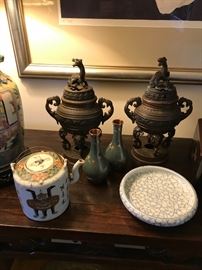 Pair of bronze censors.  Very old ch8nese tea pot, pair of cloisene vases, good blue & white